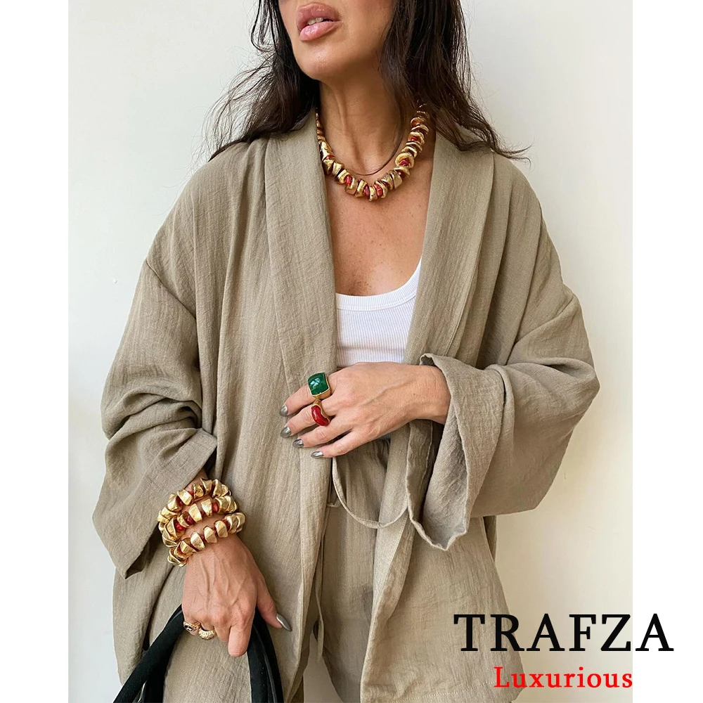 TRAFZA Vintage Linen Oversized Sashes Kimono Shirts+High Waist Wide Leg Pants Fashion 2024 Summer Casual Khaki Loose Female Suit