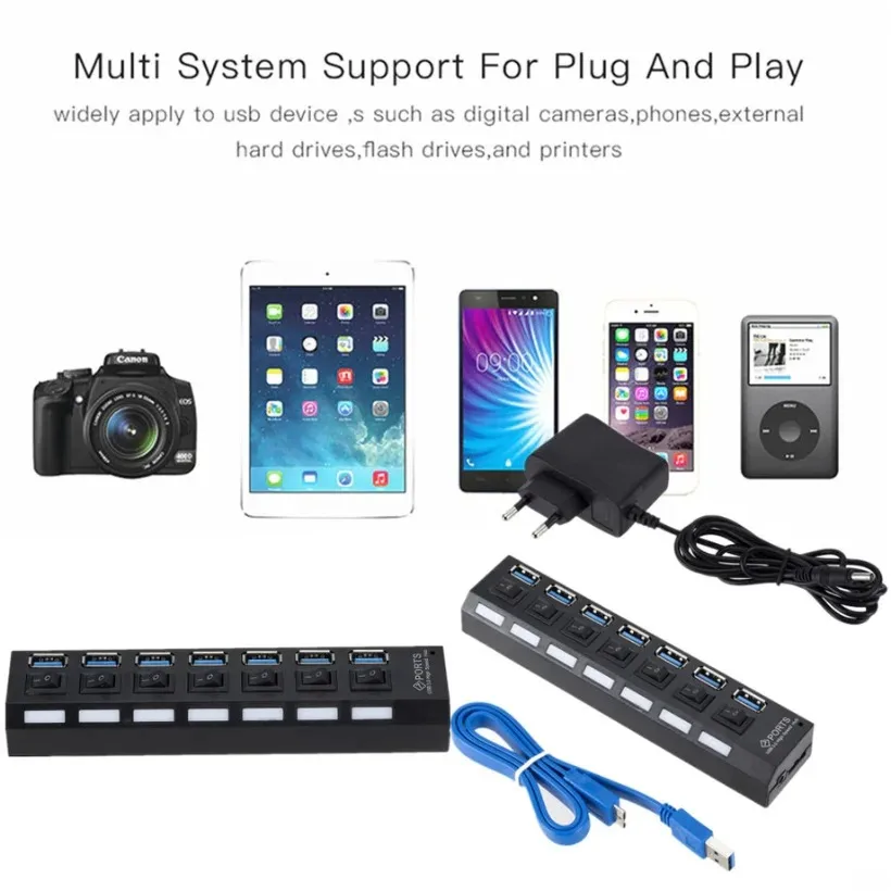 Multi USB Hub 3.0 USB Splitter USB 3.0 Hub Adapter Portable USB2.0 7 Ports HUB With ON/OFF Switch For PC Computer Accessories