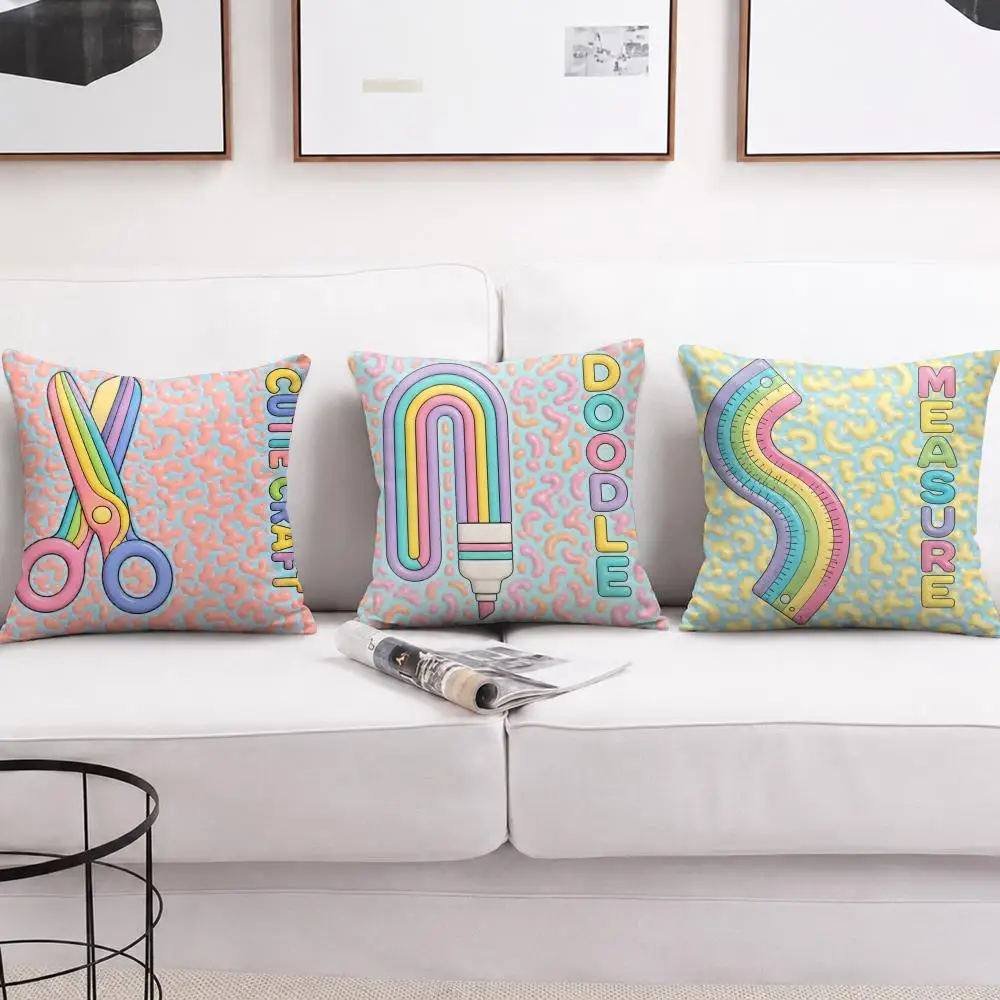 Kawaii School Collection Cushion Cover Short Plush Soft Double-Sided Printing Pillow Case Cozy Sofa Bedroom Home Decor Gift