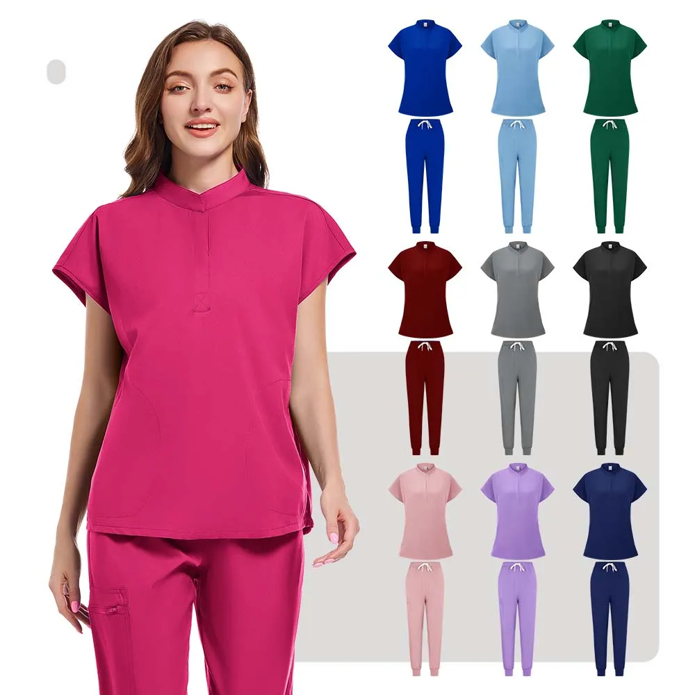 Plus Size Scrubs Set Women Medical Nurse Uniforms Stand Neck V-cut Scrub Top Jogger Pants Vet Doctor Healthcare Workers Workwear