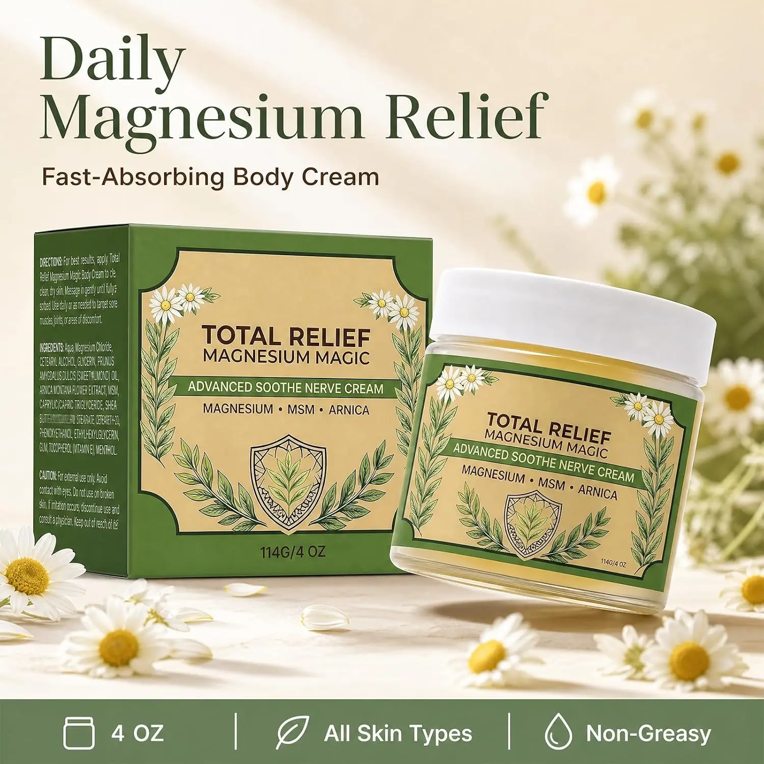 Crema Corporal de Magnesio Total Relief, Magnesio Calmante, MSM y Árnica, Alivia los Nervios, Piernas, Hombros y Espalda, Cuidado Diario para el Confort