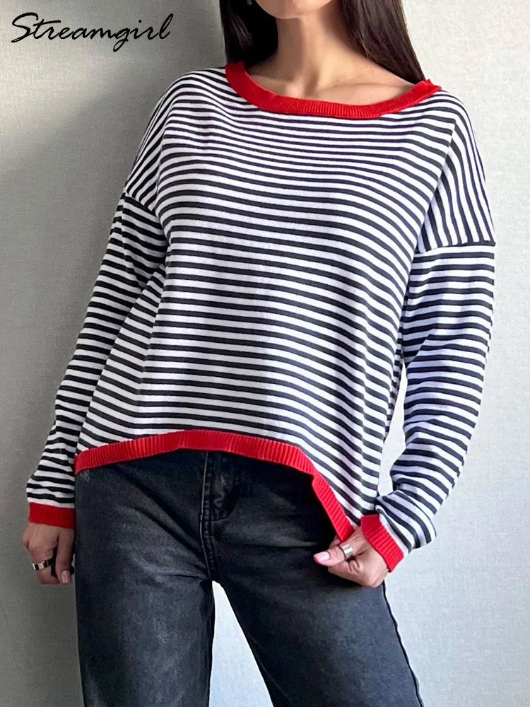 Long Sleeve Oversized Striped Tops For Women Thin Basic Loose Sweaters Spring Pullovers Women\'s Long Sleeve Tees Knitwears 2024