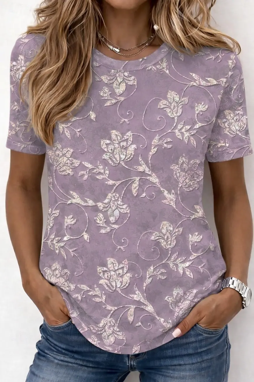 

Women's Plants Floral Graphic T-Shirt, Crew Neck Short Sleeve Classic Casual Tops, Daily Stylish Outfits for Spring & Summer