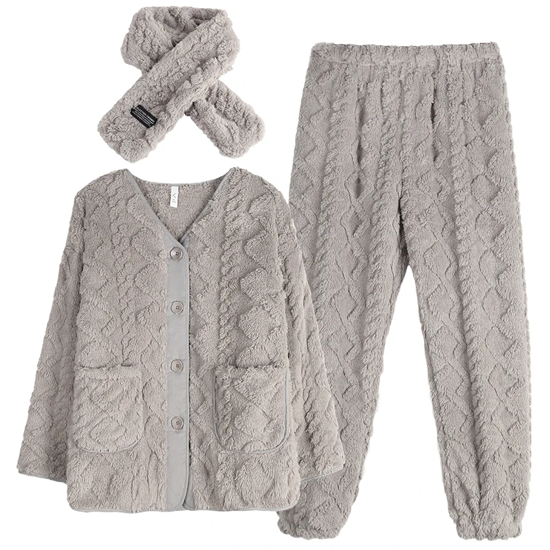 Men's Winter V-Neck Cardigan Pajamas Set Solid Sleepwear Coral Fleece Homewear Thick Warm Plush Velvet Male Suit Fall Sweatshirt