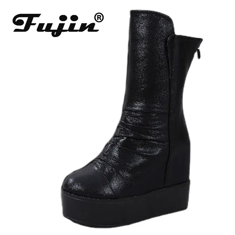 Fujin 11.5cm Microfiber Women Knee High Platform Wedge Super High Zip Spring Autumn Women Winter Hidden Heels Mid Calf Boots