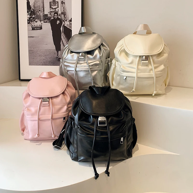 Design Women\'s 2024 Y2K Korean Fashion Solid Color Backpack Lady School Bag Cute Sweet Pu Leather Simple Travel Back Pack
