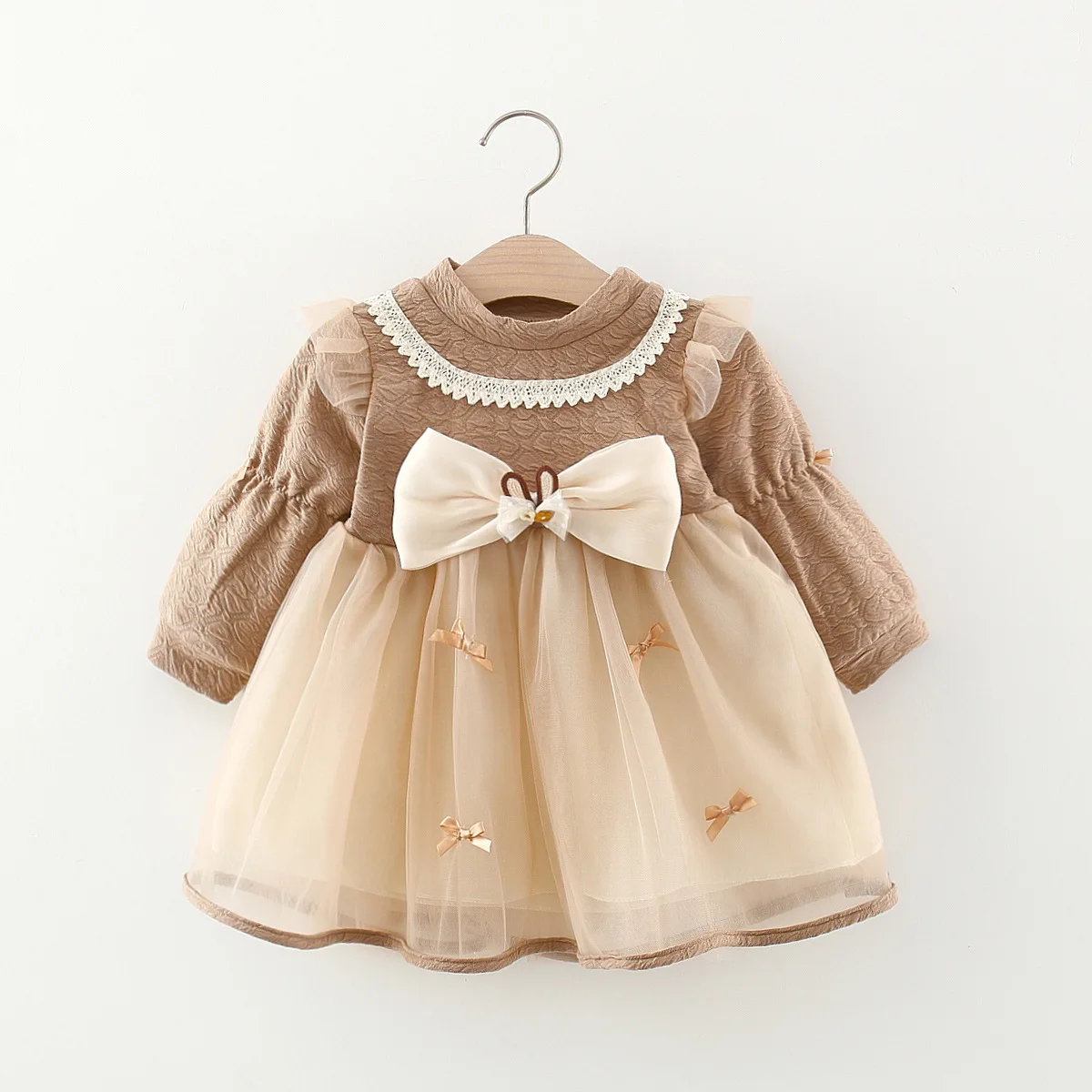 

Baby Girl Long Sleeve Mesh Dress Lace Bow Cute Party Children Clothing Fashion Korean Style Toddler Kids Costume Autumn Spring