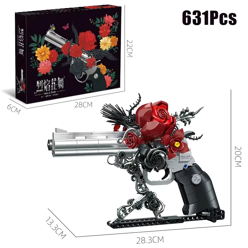 Nouveau pistolet technique mécanique Rose Revolver, blocs de construction, pistolet à main militaire à fleur rouge, jouet à assembler, cadeau de saint valentin