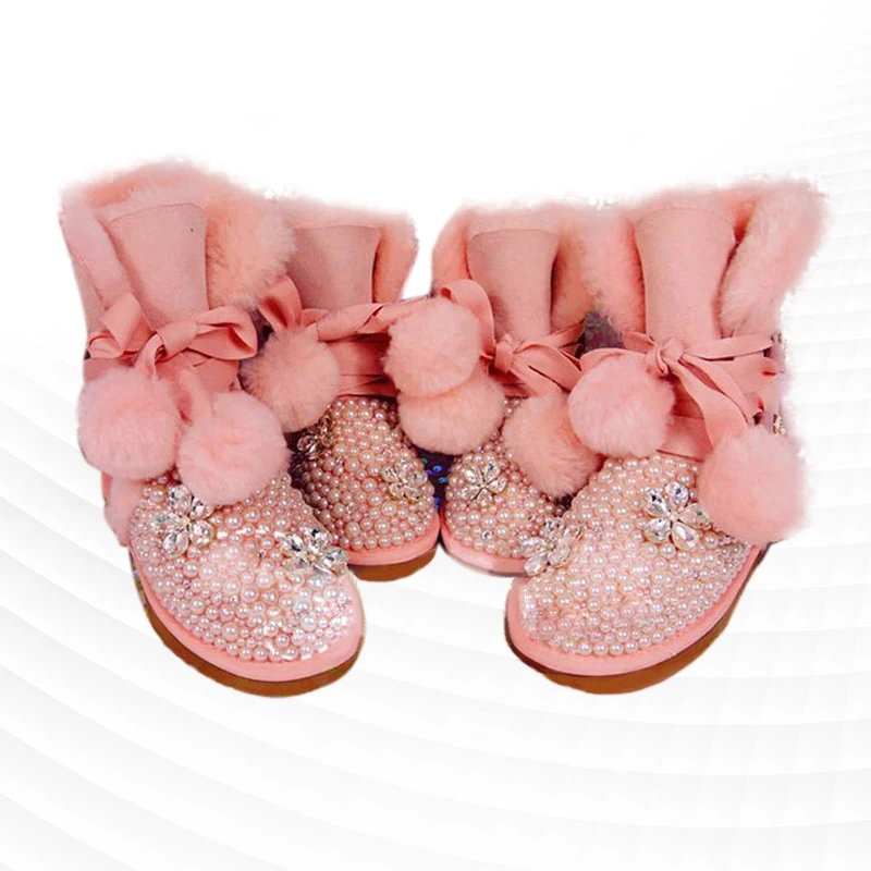 Pink flower rhindiamond-pearl binding fur one party snow boots handmade custom large size women's thick cotton shoes 35-44