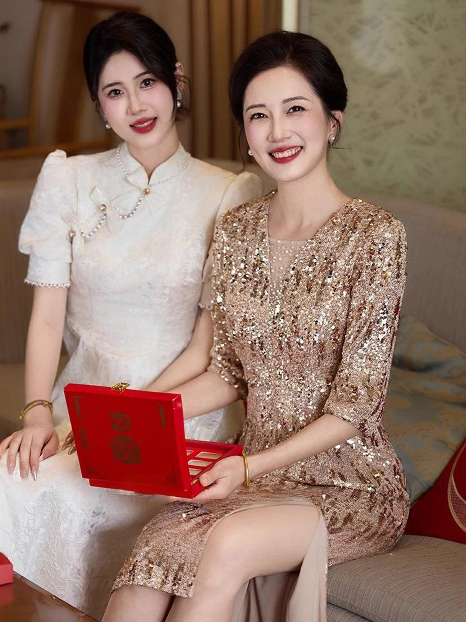 

Ele Champagne round Ne Sequin Dr Faionable Wedding Reception Mother of the Bride Dr mid Waist Zipper Sle Dr