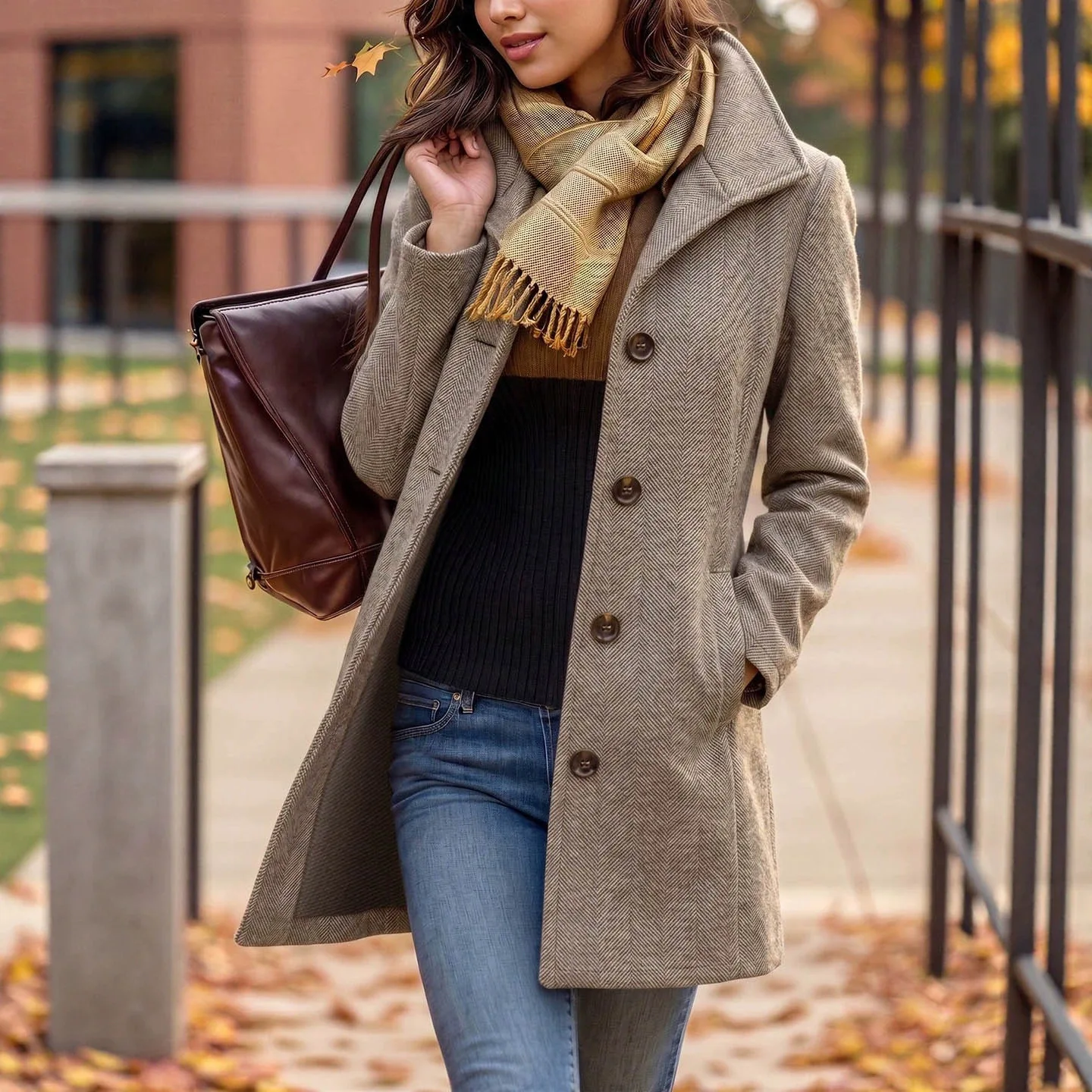 Autumn. And Winter Women's Outerwear:   Herringbone Pattern, Large Lapel, Single-breasted With Pocket Design, Slimming Effect,
