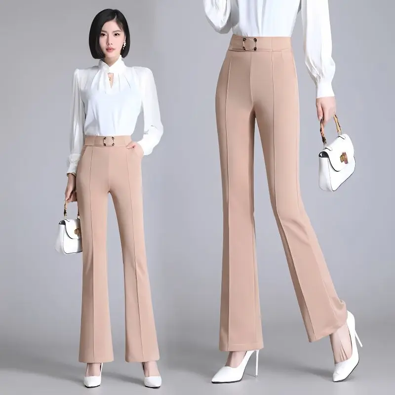 

Classic High Waist Suit Pants Women Office Lady Spring Diamonds Pantalones Full Length Formal Work Trousers Basic Boot Cut T102