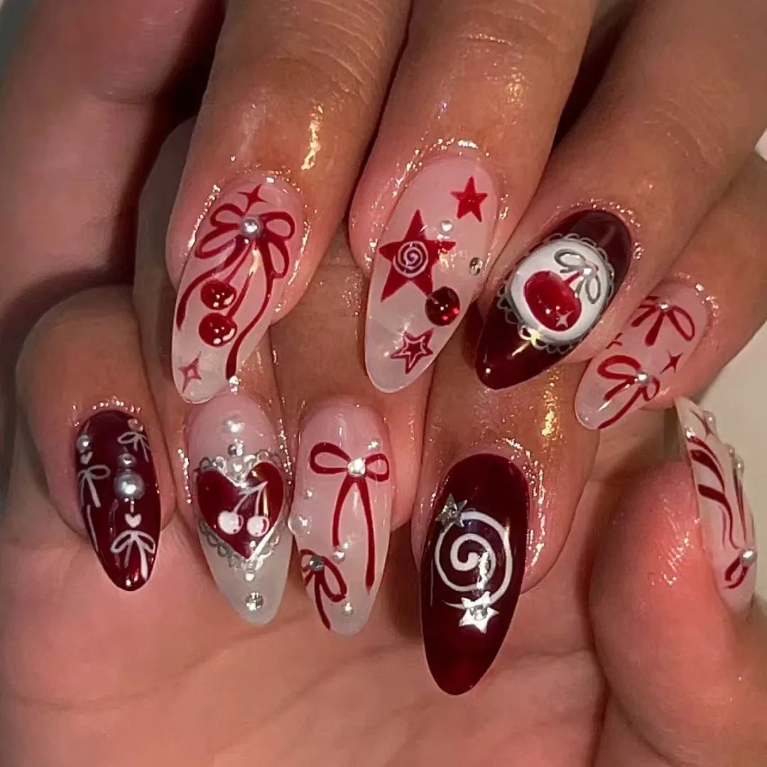 

24PCS Retro Red Almond Press on False Nails with Glue Bowknot Star Designs French Fake Nails for Women Wearable Sweet Cool Nails