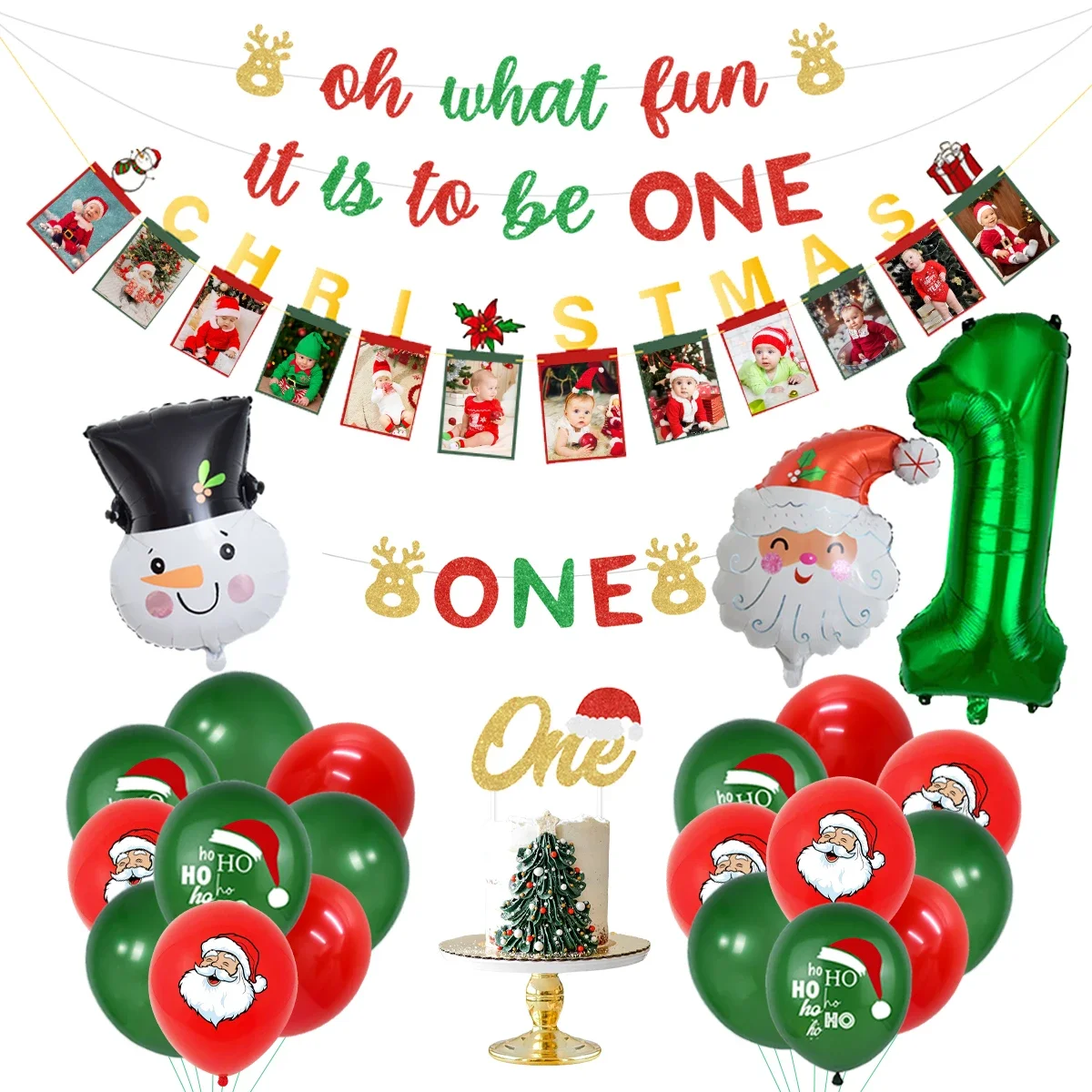 

Funmemoir Christmas 1st Birthday Decorations Santa Claus Balloon Photo Banner One Cake Topper for Xmas First Birthday Supplies