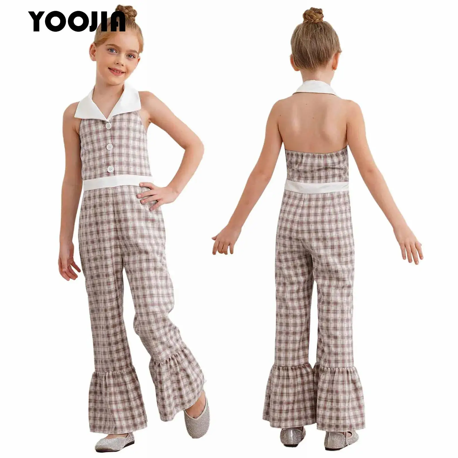 

Summer Girls Plaid Jumpsuit Fashion Halter Collared Sleeveless Ruffle Bell-Bottom Casual Romper Party Pageant One Piece Outfits