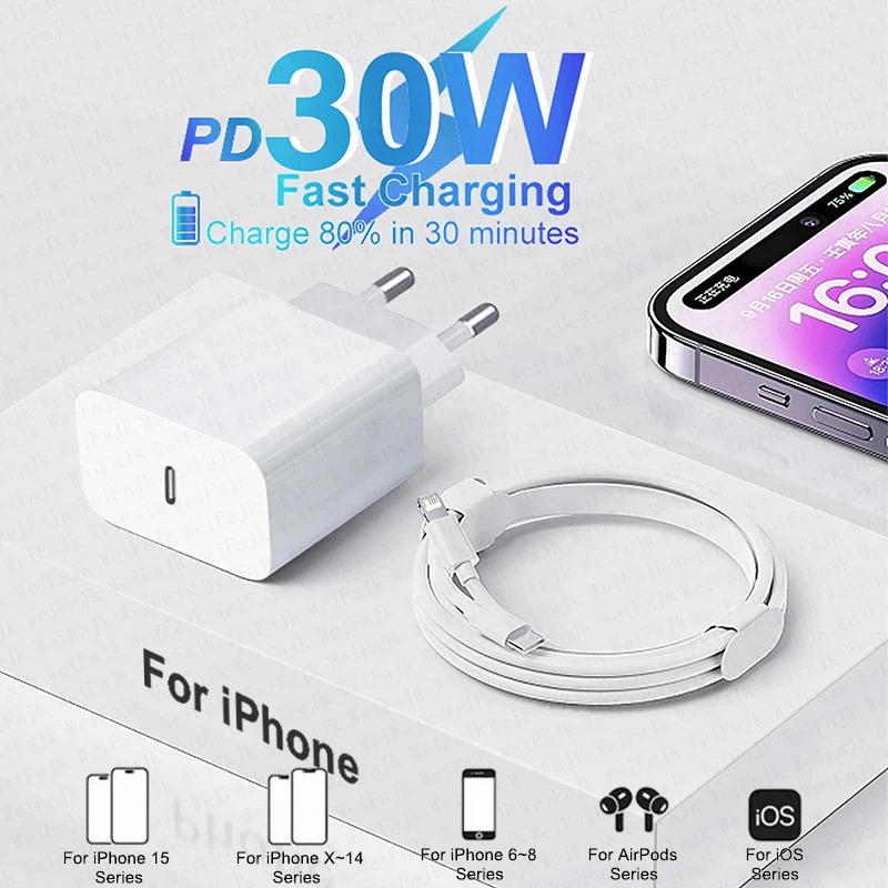 For Apple Original PD 30W Type C Quick Charger For iPhone 15 14 13 12 11 Pro Max Mini X XS XR 8 Plus Fast Charging Charge Cable