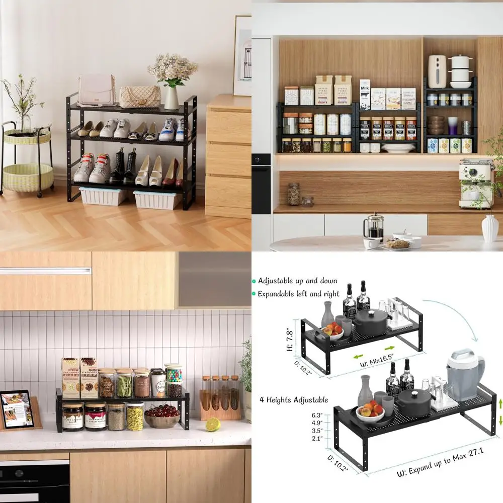 

Sturdy Metal Adjustable Stackable Shoe Rack for Kitchen Storage, Large, 3-Pack Black