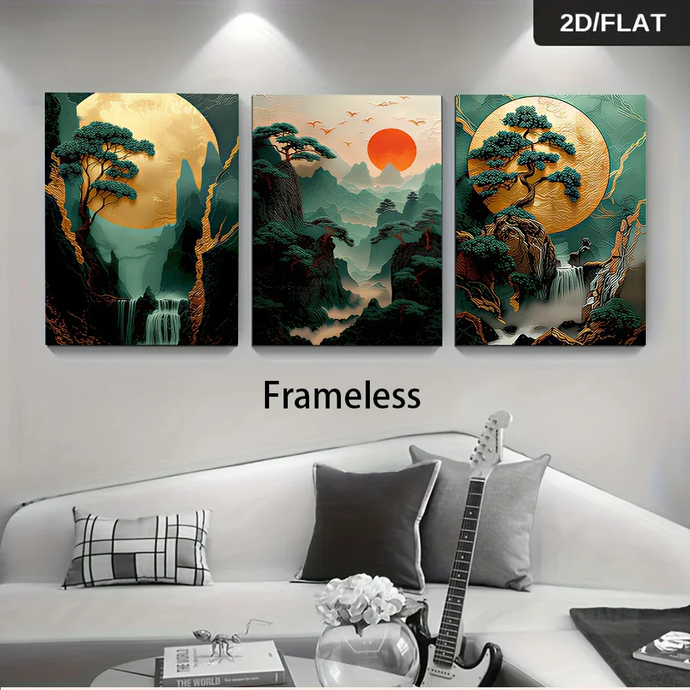 3pcs frameless canvas painting One set of frameless, three-panel landscape paintings in a modern Chinese style, featuring ink wa