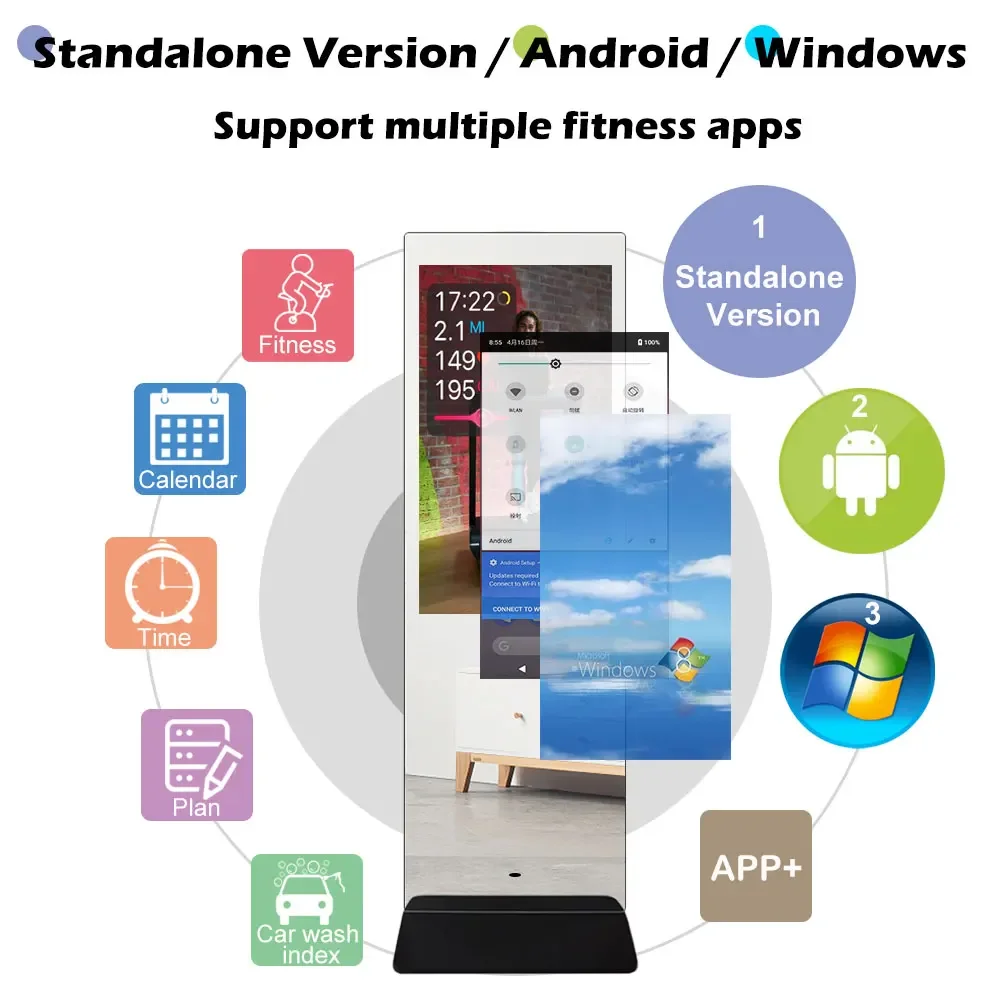 Layar sentuh digital interaktif, dudukan cermin berdiri android a 23/32/43/inci Iklan kebugaran cermin cerdas ajaib