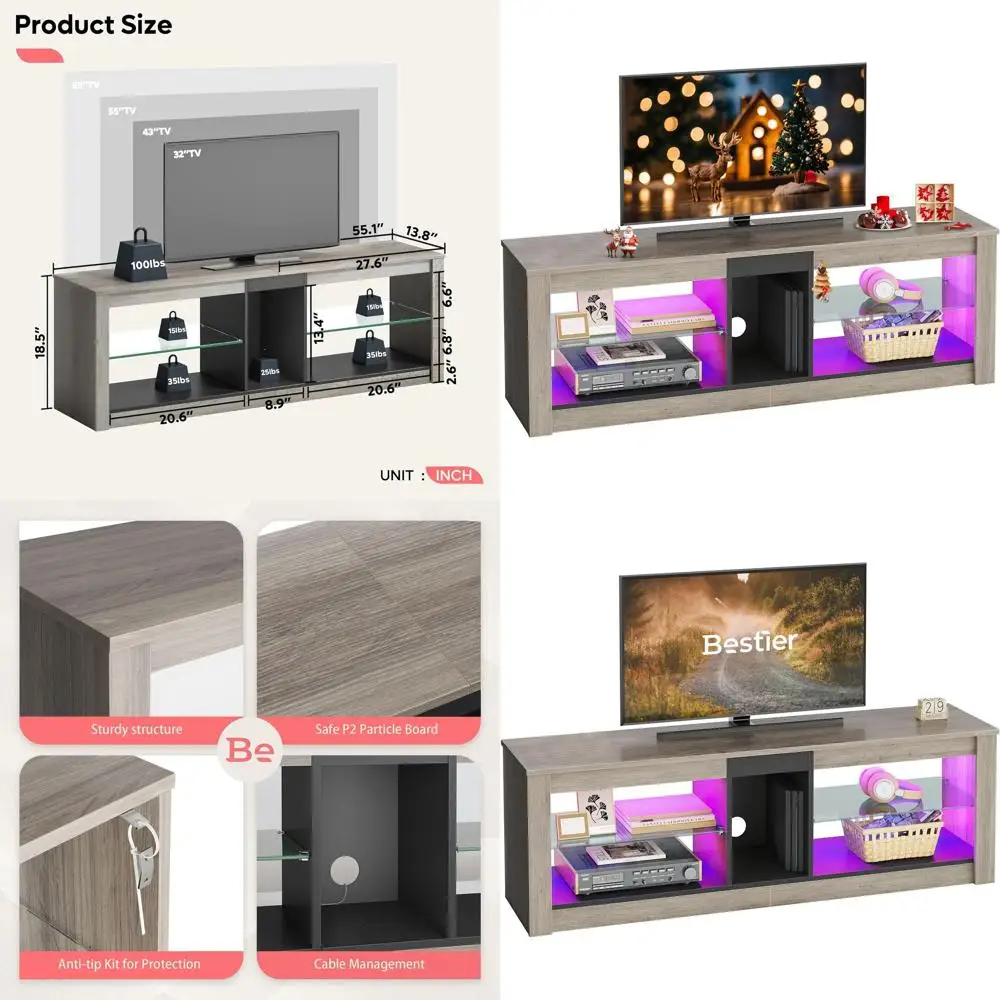 Gaming TV Stand for 55 Inch TVs, Adjustable Glass Shelves, Entertainment Center, Suitable for PS4, Wash Gray