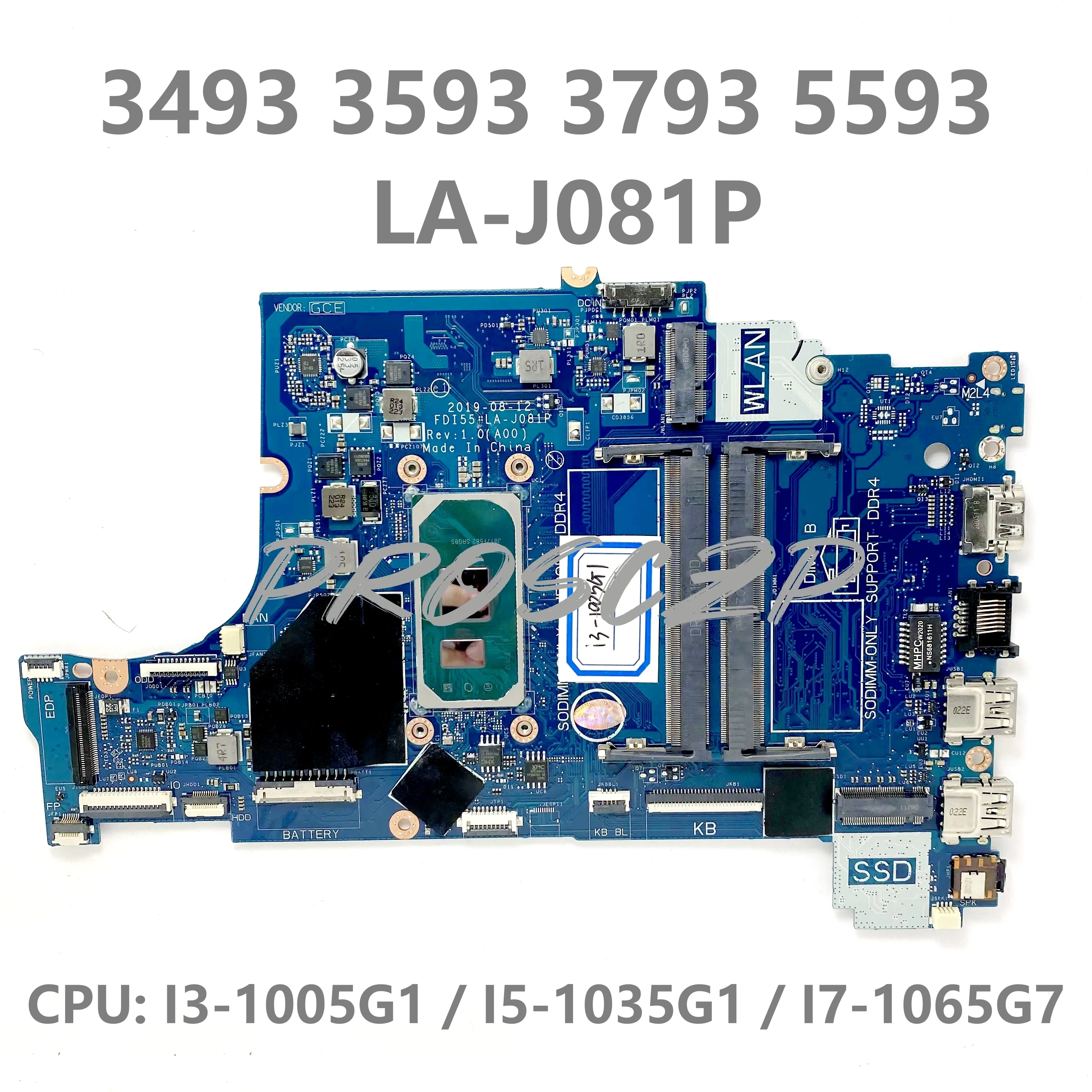 052X6W 0790WT 07TKJ3 01J5TX 01VFDK 047MF0 0G8NCD LA-J081P Mainboard For DELL 3493 3593 3793 5593 Wth I3/I5/I7 CPU 100% Tested OK