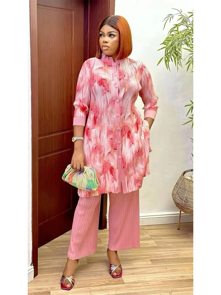 EGRM 2025 Frühjahr Neue Miyake Plissee 2 Stück Set Frauen Mode Stehen Kragen Unregelmäßige Mittlere Länge Tops Gerade Hosen Sets 6R9135