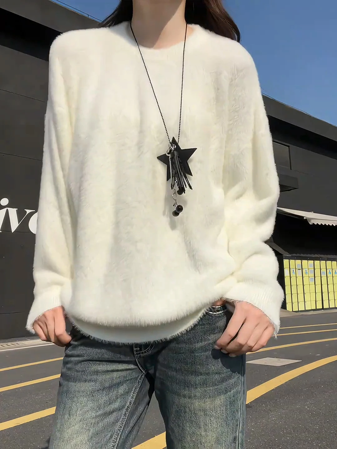 

Мягкий белый свитер из кашемира для мужчин, осенне-зимний, уютный, пушистый, базовый слой, высококачественный вязаный свитер с бахромой