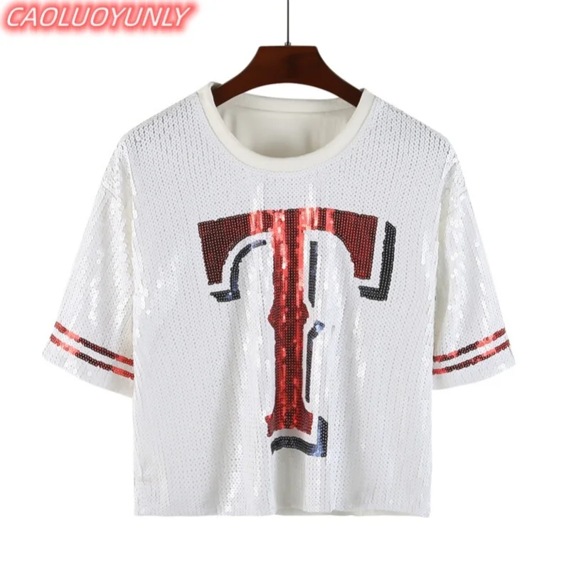 Summer New Streetwear High Quality Sequins Stripe Letter T-Shirt Hip Hop Round Neck Short Sleeve Straight Loose Women's Wears