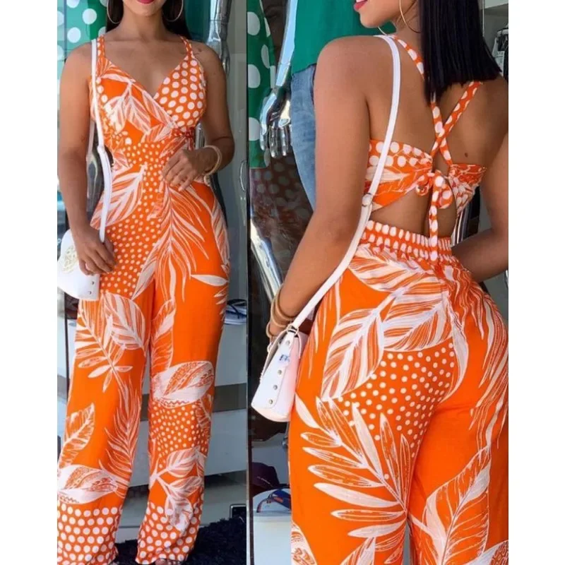 

2024 Woman Long Jumpsuits Elegant Sexy Tropical Print New Fashion Spaghetti Strap Jumpsuit Casual Female Clothing Outfits Summer