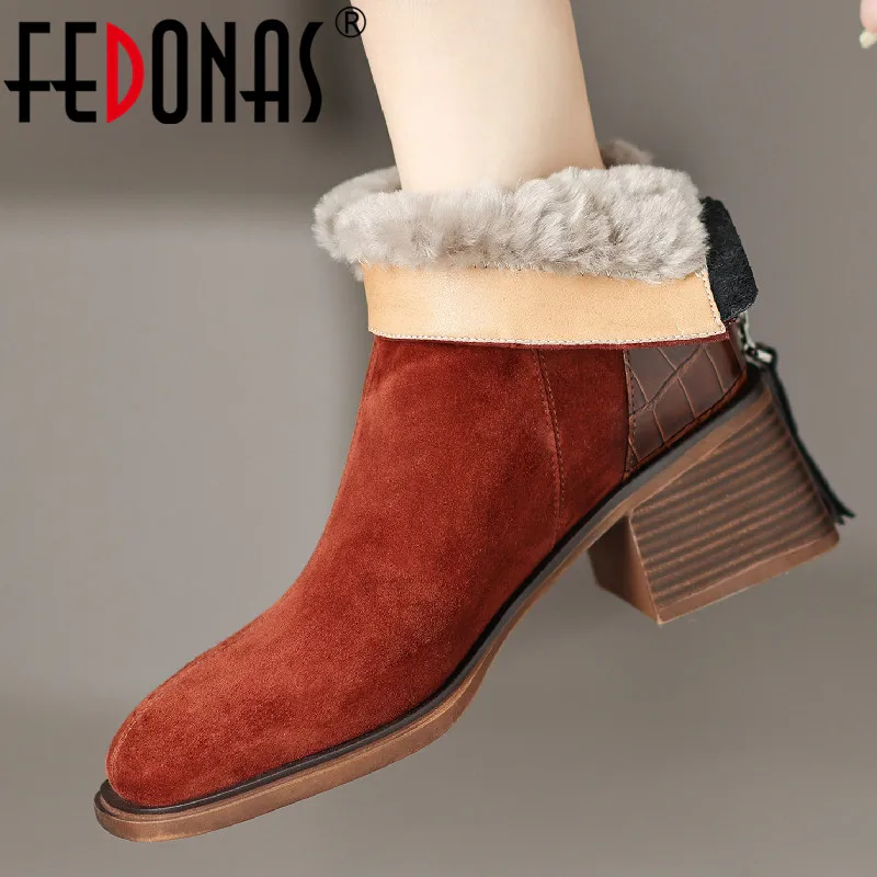 

FEDONAS Mature Concise Women Ankle Boots Autumn Winter Office Ladies Dress Kid Suede Leather Square Toe Thick Heels Shoes Woman