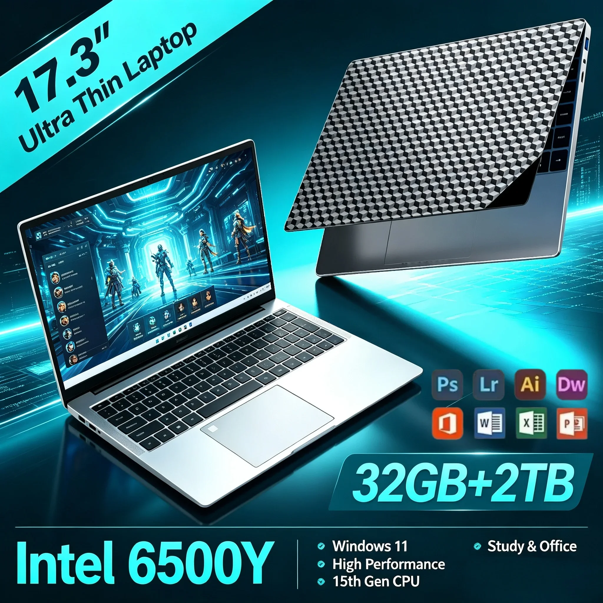 New 17.3'' Inch HD Notebook Laptop Intel 6500Y 32GB RAM 1TB 2TB SSD Win11 WiFi6 BT5.2 Portable Large Display PC For Office Work