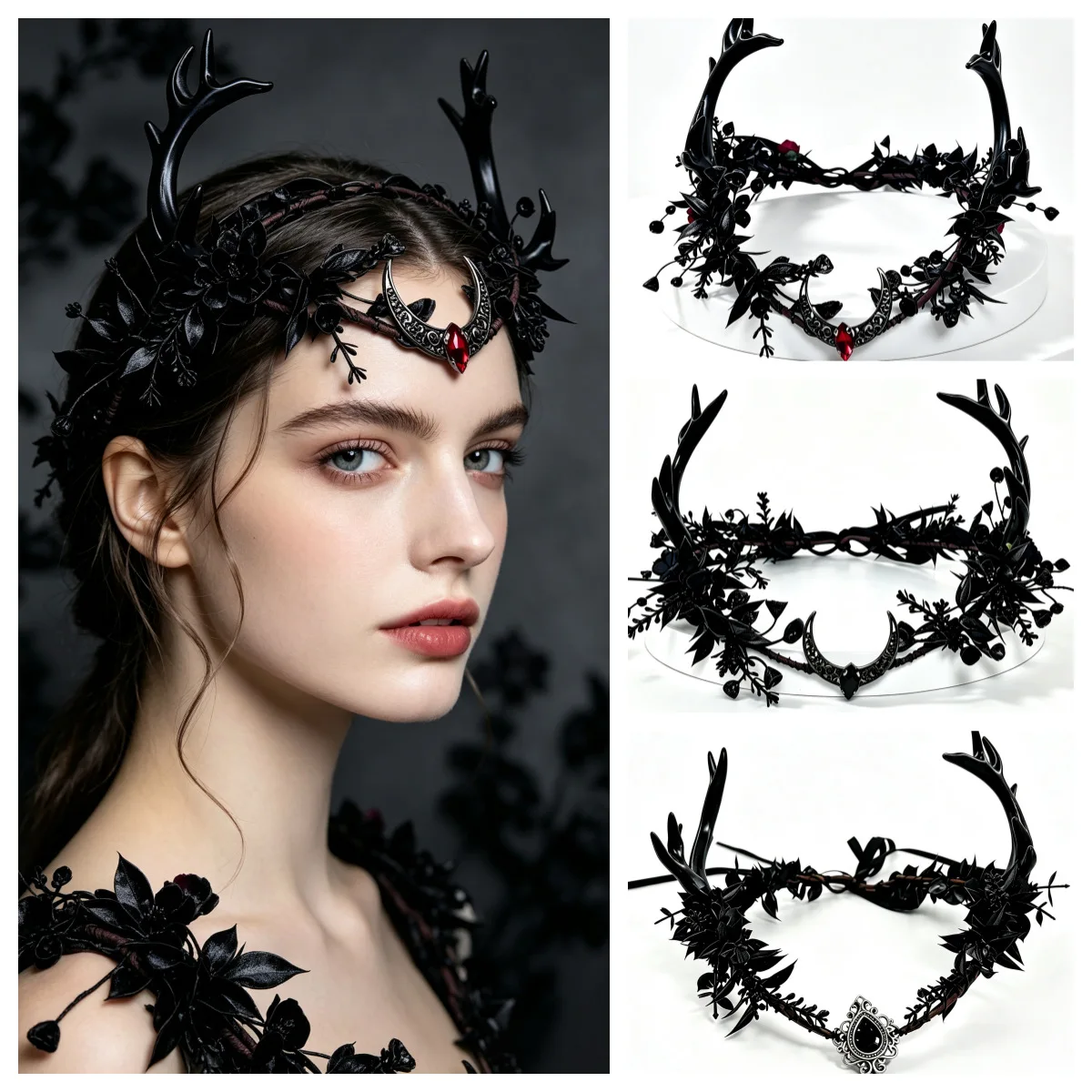 Gothic Dark Antler Headband,Black Rose Flower Faux Branches Crown ,Hair Accessory for Halloween Cosplay, Vintage Photo ShootProp