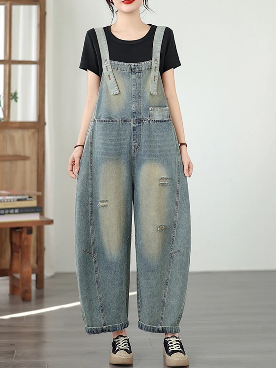 

Женский джинсовый комбинезон в стиле ретро с эффектом потертости, свободный крой, широкие штанины, весна-осень, износостойкий, грязеотталкивающий, с естественной талией, на пуговицах