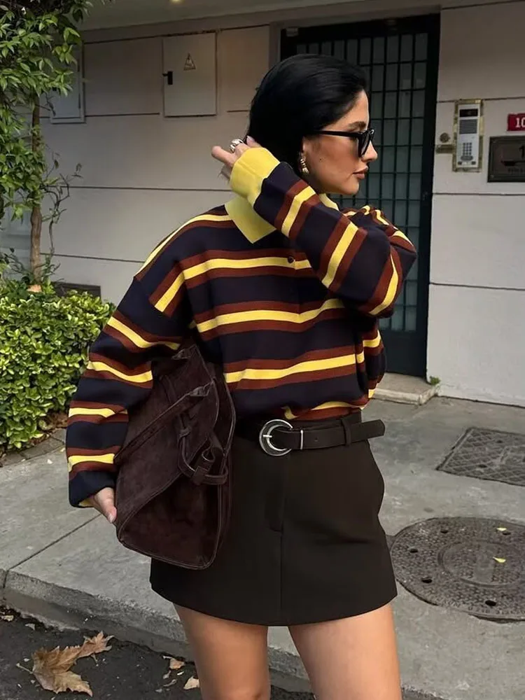 HH المرأة الخريف موضة سليم البنطال القصير أنثى شيك متعدد الألوان مخطط بولو طوق زر سترة طويلة الأكمام بلوزة كاجوال ﻿