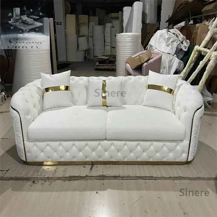 Europeu de luxo rosa ouro pernas branco chesterfield sofá veludo tecido botão tufado sala estar sofá conjunto móveis