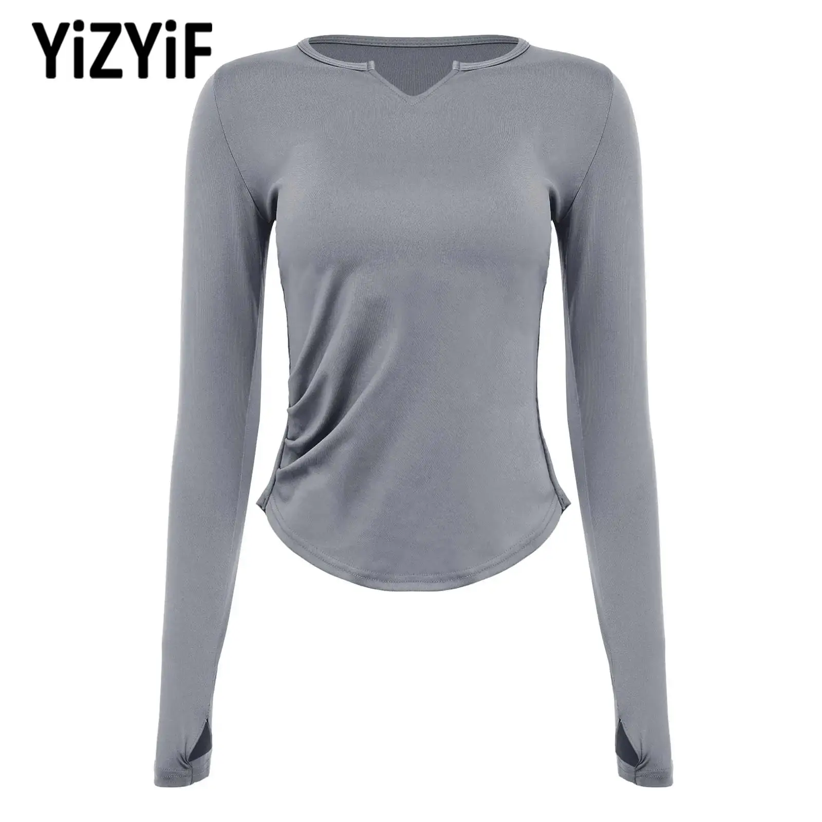 

Женские спортивные топы для фитнеса с изогнутым низом, драпировкой, длинными рукавами и отверстиями для пальцев для йоги, пилатеса, велоспорта и бега