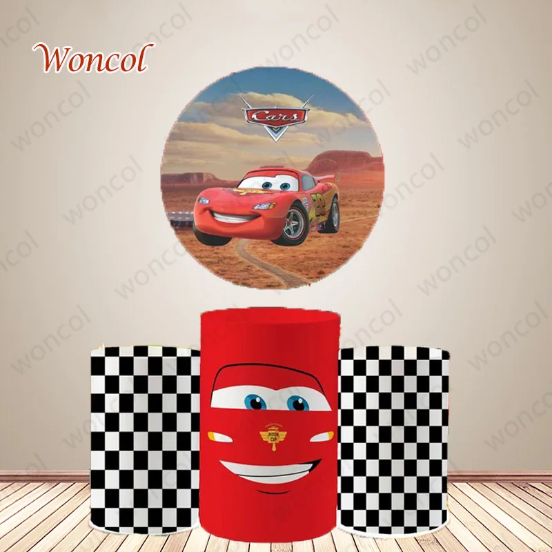 

Cars Mcqueen Round Backdrop Boy Birthday Baby Shower Backdrop Racing Car Themed Round Cylinder Cover Decorations Prop