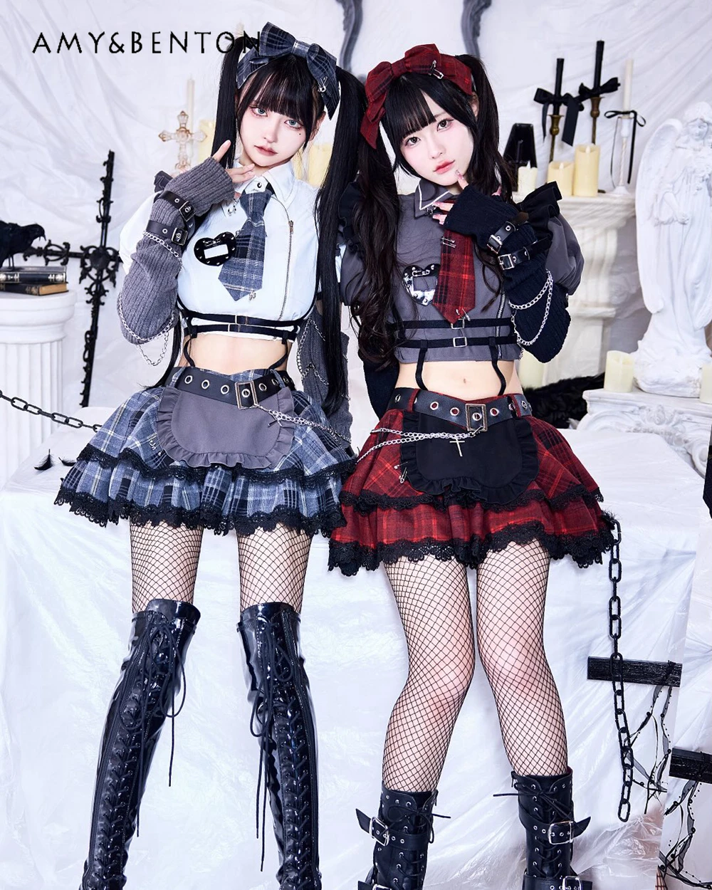 

Japanese Mine Series Preppy Style Punk Girl Sleeve Tie Shirt Plaid Tutu Skirt Y2K Two-piece Set Subculture Gothic Hot Girl Suit