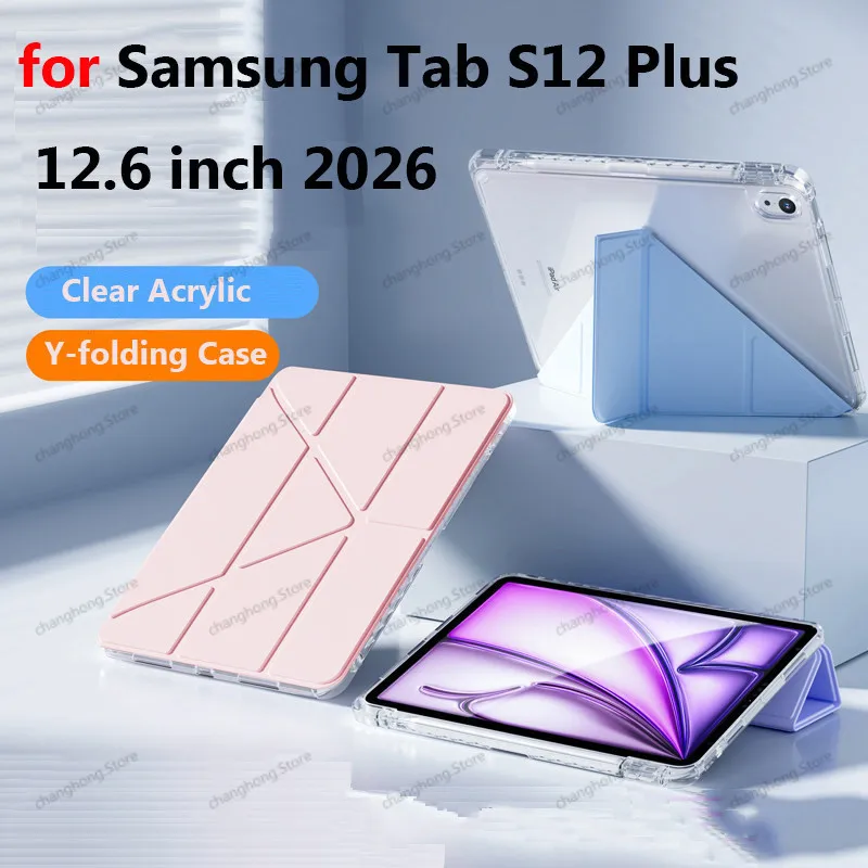 Y shaped For Samsung Galaxy Tab S12 Plus S12+ 2026 SM-X840/SM-X846 with Pen Holder Smart Folio Acrylic Hard Stand Cover