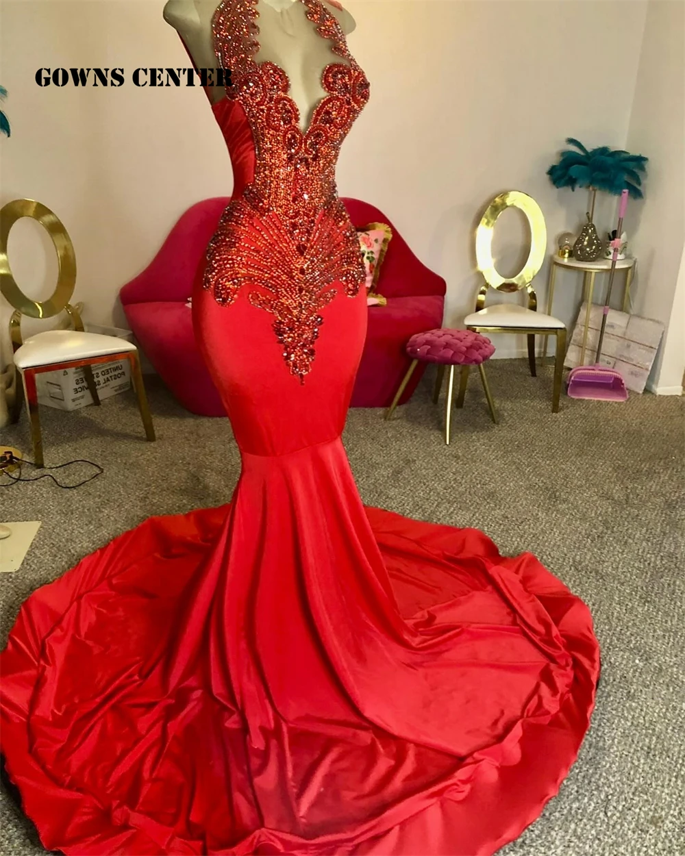 Abiti da ballo lunghi con perline di cristallo rosso allegro per ragazze nere Abito da sera per compleanno con sirena africana Robe De Bal personalizzato