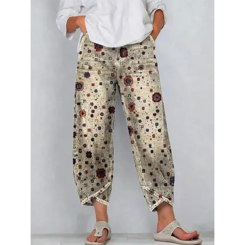 Damen Baumwoll-Haremshose mit Japanischem Ukiyo-E Wellen- und Blumenmuster, Locker Geschnittene Caprihose in Tulpenform, Knöchellange Freizeithose – Detail 5