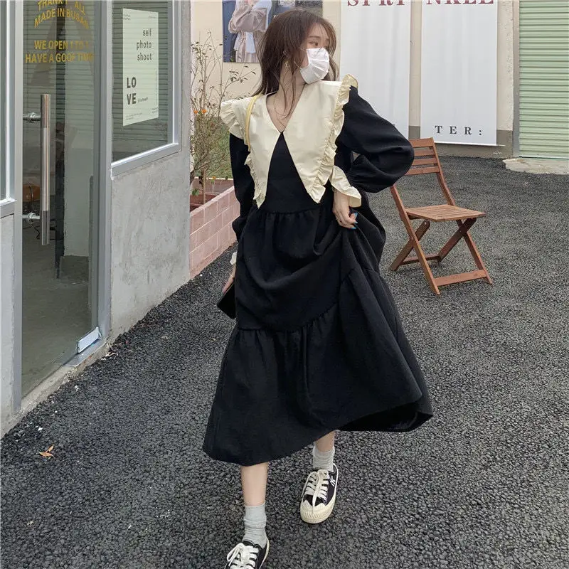 Peter Pan Collar Dresses Women Patchwork Sweet All-match Age-reducing Basics Designed Leisure Students Daily Autumn Korean Style