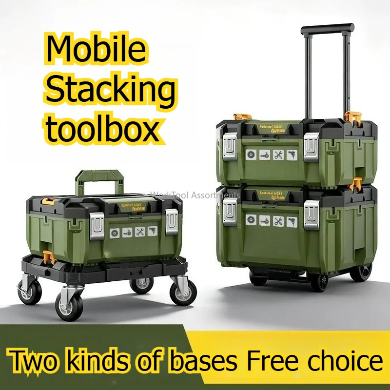 Industrial Stack Interlock Tool Chest, Heavy Duty PP Tool Organizer with Retractable Handle & Roller Wheels for Repair Workshop