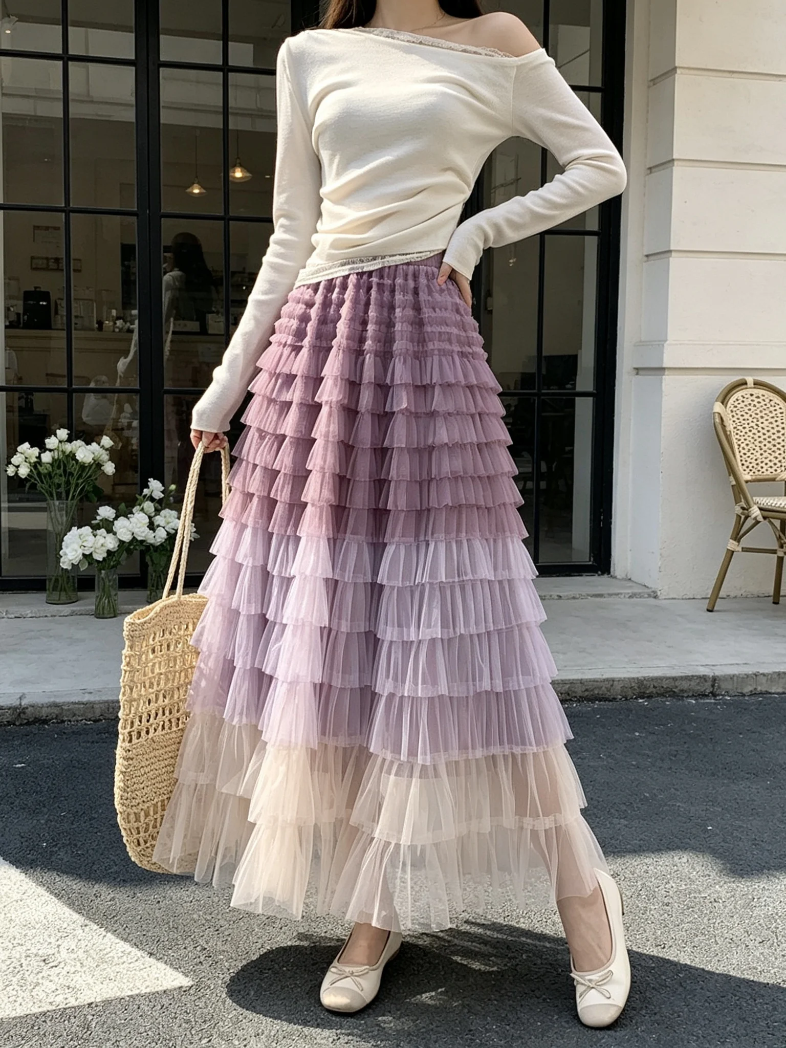 Graduated Layered Mesh Skirt Women's High Waist Puffy Half-length Spring Autumn New Style Durable Polyester Fiber Commute Style
