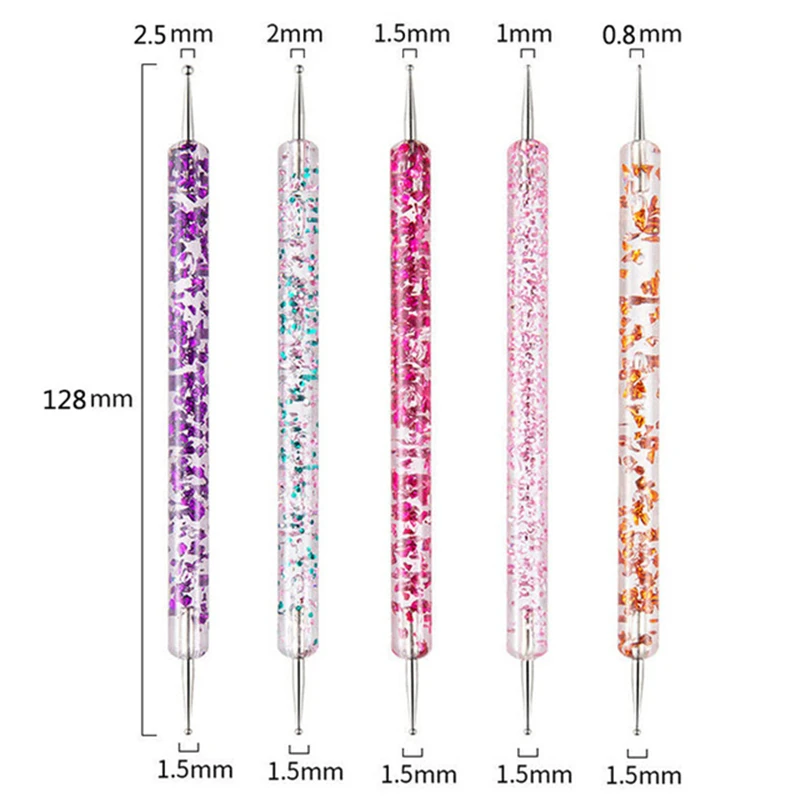 5 Pcs/set Nail Art Dotting Pen Crystal Beads Handle 2 Ways Drawing Painting Steel Rhinestones Manicure Tools