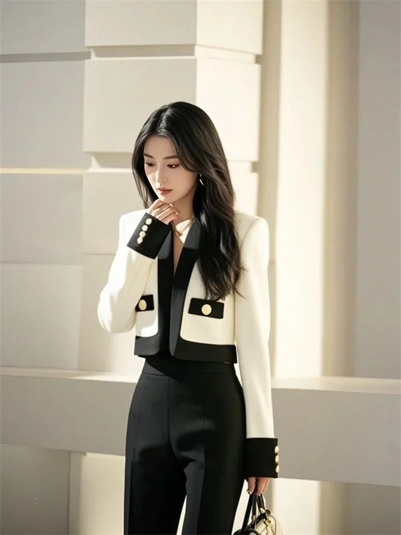 

Long Sleeve Metal Buttons Outerwears Spliced 957P Luxury Office Lady Women Suit Coat High End Spring Cropped Jacket