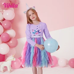 VIKITA-vestido de princesa de manga larga para niña, traje con apliques de unicornio y mariposa, colorido, para otoño y primavera