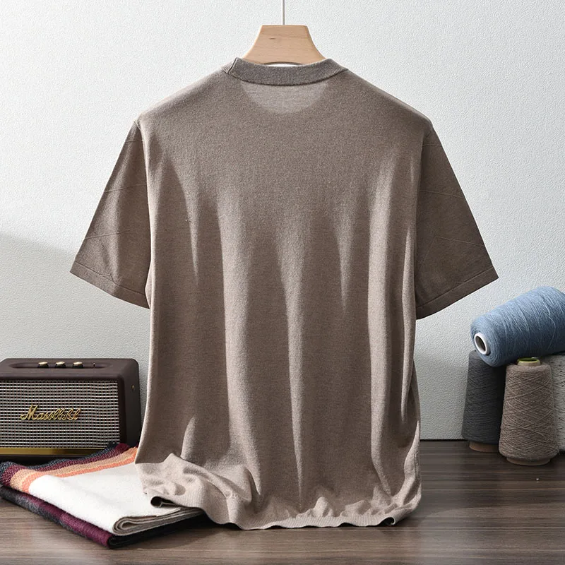 85% Silk+15% cashmere men's T-shirt casual solid color knitted pullover short sleeved round Neck Tees basic Tops
