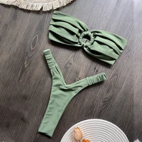 Para Praia-Bikini con Tanga verde liso Para mujer, traje de baño Sexy de banda, traje de baño brasileño, Bikini tipo Tanga, traje de baño Bandage 2025