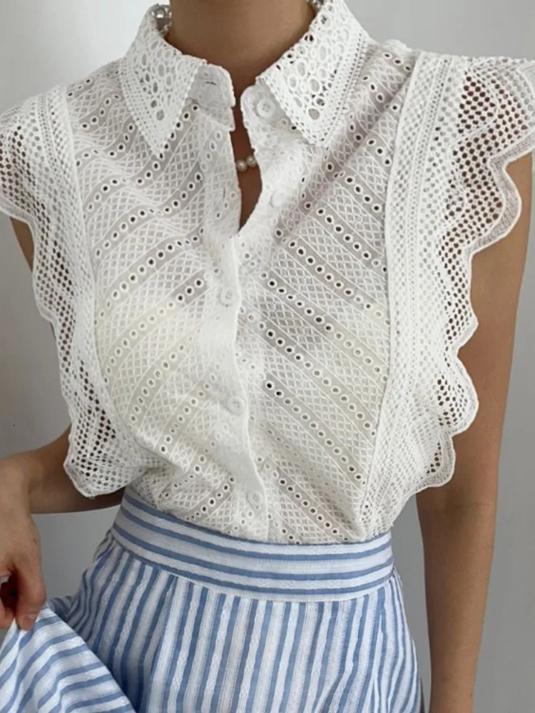 

Sweet Summer New Sle Svel Women's irt Lace Hollow out Hook Design Flng Sve Cotton Blend Fabric Collar
